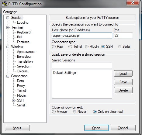 Connection configuration in Putty