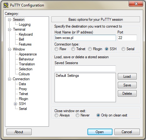 Konfiguracja połączenia w PuTTy